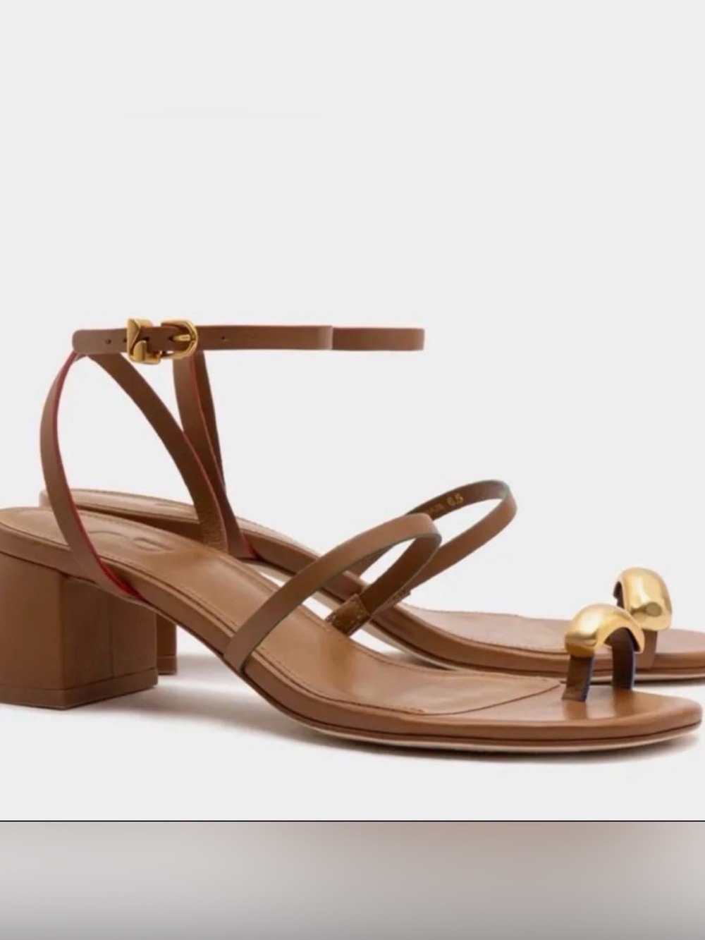 Larroude Brown Leather Strappy Block Heel Sandals with Gold Accent
